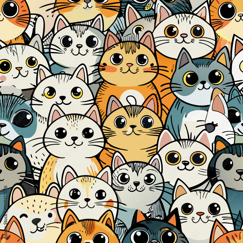 A plethora of adorable cartoon cats. They are illustrated with big round eyes, rosy cheeks, and soft fur. The majority of the cats are in shades of black, but there's a distinct white cat A plethora of adorable cartoon cats. They are illustrated with big round eyes, rosy cheeks, and soft fur. The majority of the cats are in shades of black, but there's a distinct white cat