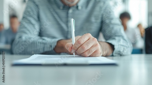 senior white man holding pen in left hand, writing on paper report at office desk, pov shot, copy space