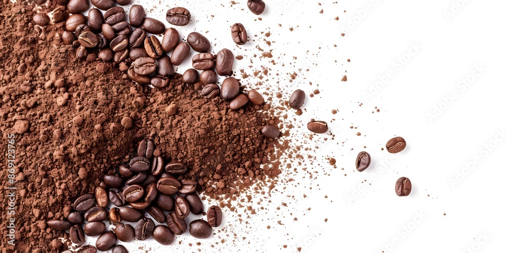 Exploding Coffee or Cocoa Powder with Beans on White Background. Concept Food Photography, Creative Concept, Explosive Movement, Product Advertising, Dynamic Composition Exploding Coffee or Cocoa Powder with Beans on White Background. Concept Food Photography, Creative Concept, Explosive Movement, Product Advertising, Dynamic Composition