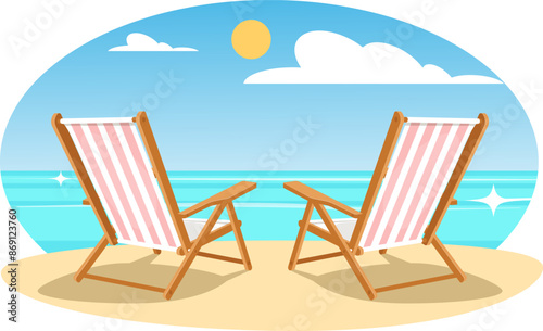 two beach chairs standing on the sand of the beach