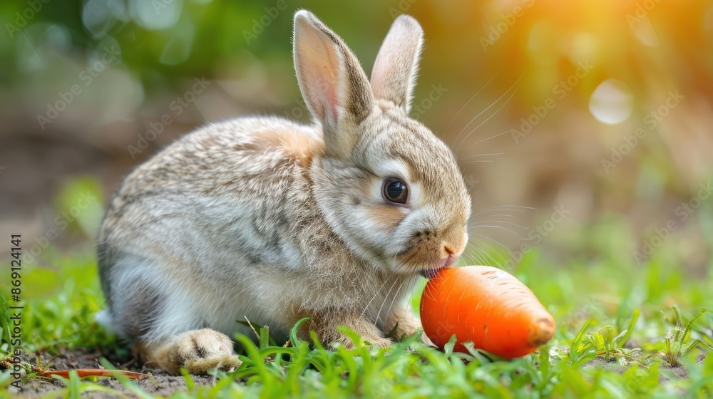 Fototapeta premium Realistic rabbit and his favorite food carrot