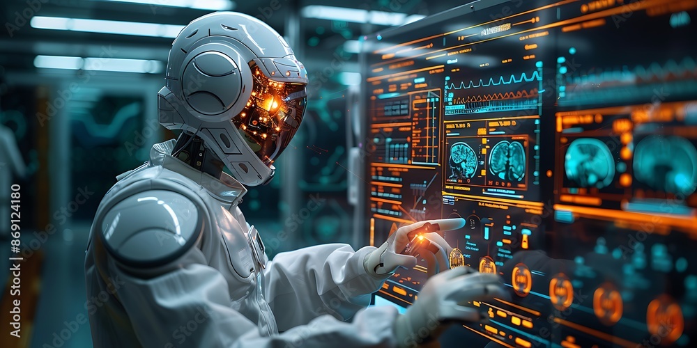 Robot touching hologram screen. Mixed media Robot touching hologram screen. Mixed media