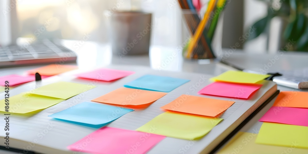 Writing in notebook with colorful sticky notes in creative workspace for brainstorming. Concept Workspace Creativity, Colorful Sticky Notes, Note-Taking, Creative Brainstorming Writing in notebook with colorful sticky notes in creative workspace for brainstorming. Concept Workspace Creativity, Colorful Sticky Notes, Note-Taking, Creative Brainstorming