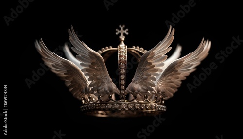 Ornate crown with wings on a black background, symbolizing royalty and freedom. Perfect for concepts of power, luxury, and elegance.