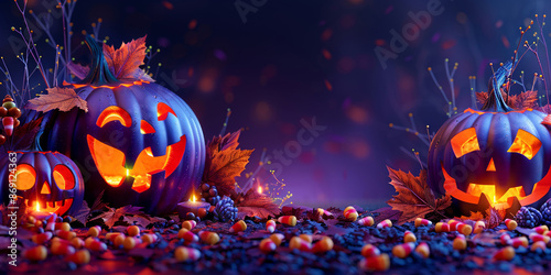 Enchanted Halloween Night with Glowing Carved Pumpkins and Autumn Leaves photo