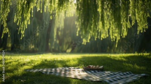 Peaceful picnic setup on a checkered blanket under shaded willow trees with sun rays filtering through leaves, evoking tranquility and relaxation.