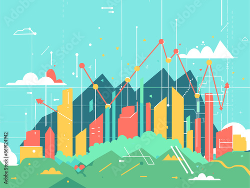 Flat Style: Ascending Graph - Movement. Vector of a Progressing Graph with Upward Trend for Stock Markets and Investment Returns