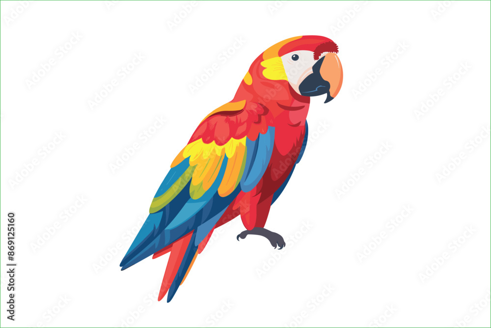 Obraz premium cute parrot bird cartoon posing, isolated on a white background, Flat style cartoon vector illustration. Tropical Cool Bird Red Parrot Macaw. Cartoon red parrot on a white background. 