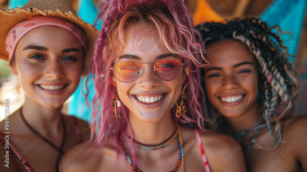 Smiling Friends in Colorful Sunglasses at Beach. Three friends with vibrant sunglasses and colorful outfits, smiling together at the beach, enjoying the sunny weather.