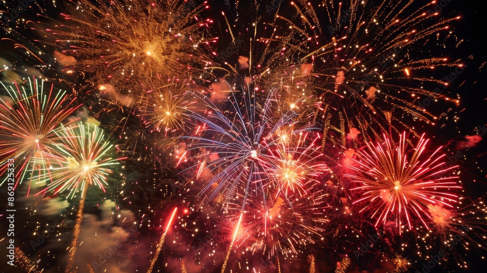 Fototapeta premium A wide-angle photo captures a colorful fireworks display against a dark night sky. The vibrant explosions fill the frame, leaving copy space on the right side