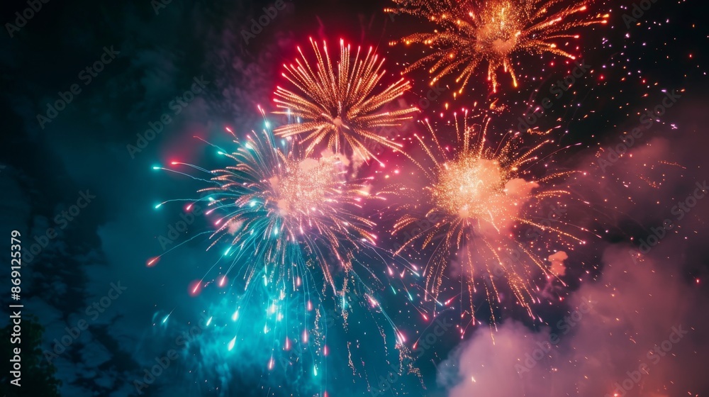 A wide-angle photo of a vibrant fireworks display against a night sky. The image features multiple fireworks exploding in the sky, creating a colorful and festive scene A wide-angle photo of a vibrant fireworks display against a night sky. The image features multiple fireworks exploding in the sky, creating a colorful and festive scene