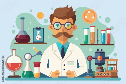 retro-style scientist working in laboratory, set against white background, surrounded by old-fashioned scientific instruments and equipment. © guntapong