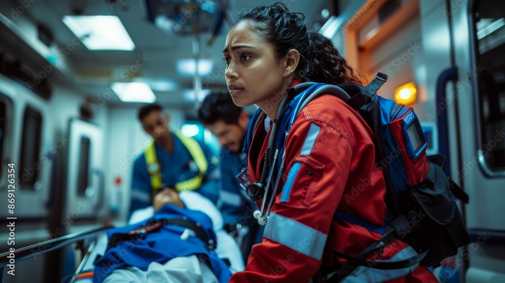 A nurse in an ambulance is focused on a patient on a stretcher, showing dedication and compassion in a serious situation A nurse in an ambulance is focused on a patient on a stretcher, showing dedication and compassion in a serious situation