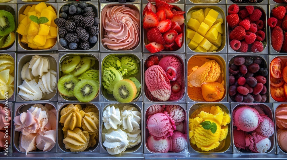 A wide-angle shot showcasing a diverse assortment of colorful fruity gelato, displayed attractively in metal containers, highlighting the range of flavors A wide-angle shot showcasing a diverse assortment of colorful fruity gelato, displayed attractively in metal containers, highlighting the range of flavors