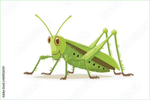 cute green locust cartoon, isolated on a white background, Flat style cartoon vector illustration. Cricket. Cartoon grasshopper isolated on white background. Grasshopper. Cute cartoon character.