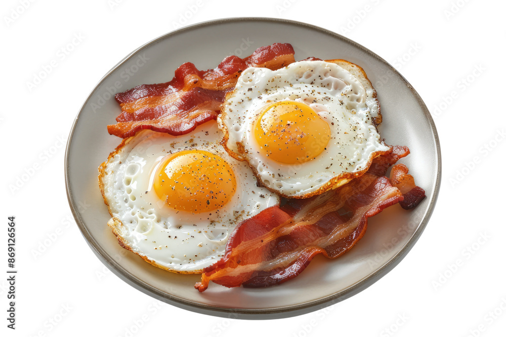 Fried egg with bacon in a plate isolated on transparent background Fried egg with bacon in a plate isolated on transparent background