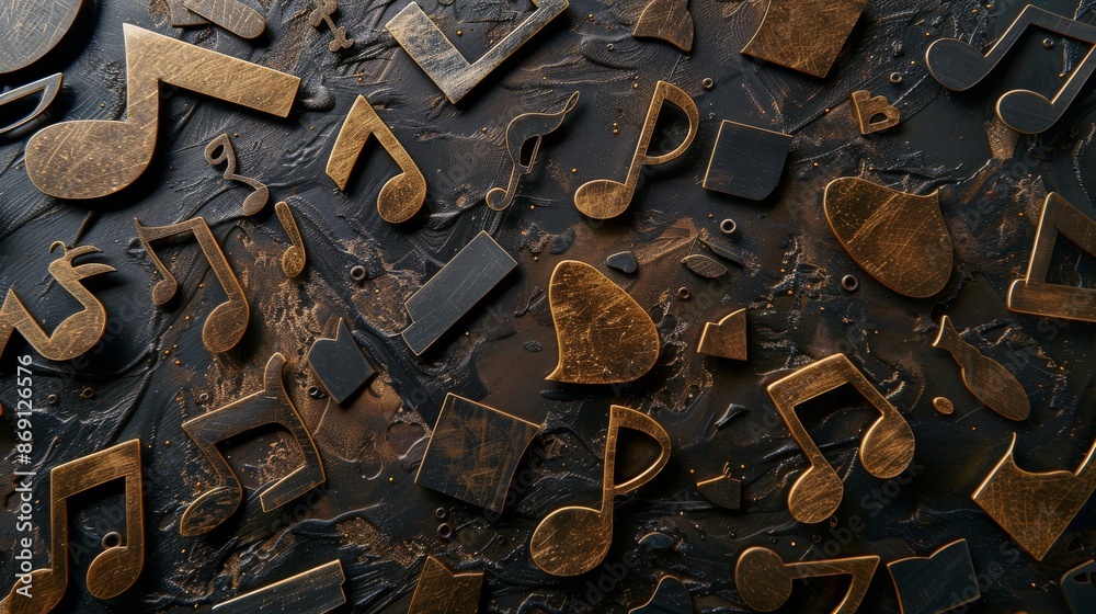 A wide-angle photo showcasing an abstract arrangement of golden music notes and signs on a dark surface. The image emphasizes the concept of harmony with its composition A wide-angle photo showcasing an abstract arrangement of golden music notes and signs on a dark surface. The image emphasizes the concept of harmony with its composition