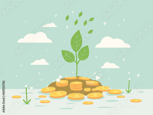 Investment Growth: Seedling Sprouting from Coins, Symbolizing Potential and Returns