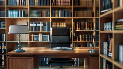 A professional office desk with a bookshelf behind it and a leather chair in front. There is copy space on the right side of the image