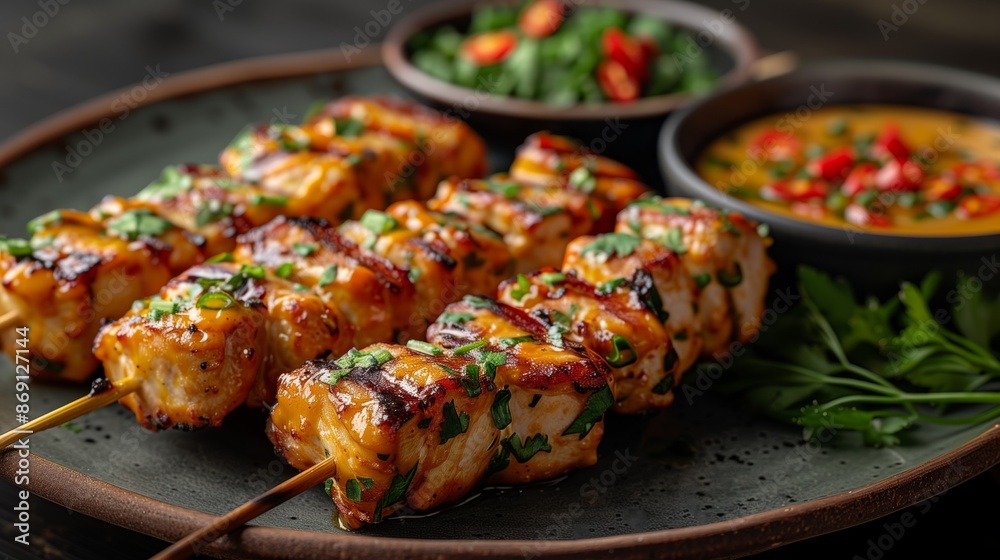 Grilled Chicken Skewers with Dipping Sauce. Perfectly grilled chicken skewers garnished with herbs, served with a spicy dipping sauce and fresh vegetables on a stylish plate. Grilled Chicken Skewers with Dipping Sauce. Perfectly grilled chicken skewers garnished with herbs, served with a spicy dipping sauce and fresh vegetables on a stylish plate.