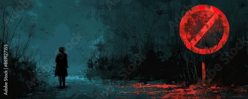 Dramatic lone figure standing near a glowing red sign in a dark, misty forest, evoking mystery and suspense.