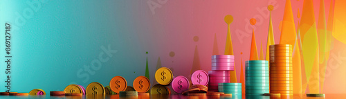 Colorful 3D bar graphs and coins representing financial growth and economic data analysis on a gradient background.