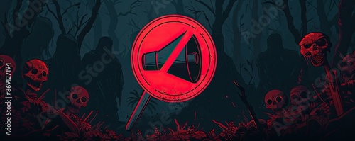 Dark forest with ominous red symbols and skulls, creating a spooky and eerie atmosphere perfect for Halloween or horror themes.