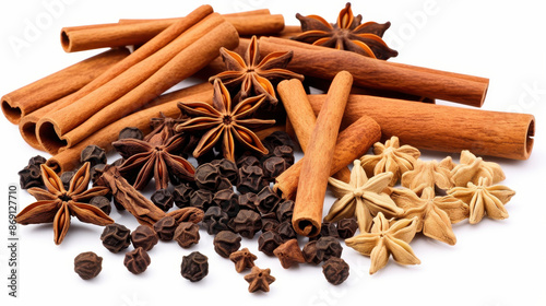 Wallpaper Mural Aromatic spices and herbs on white background  cinnamon sticks, star anise, cloves, peppercorns. Perfect for culinary photography. Torontodigital.ca