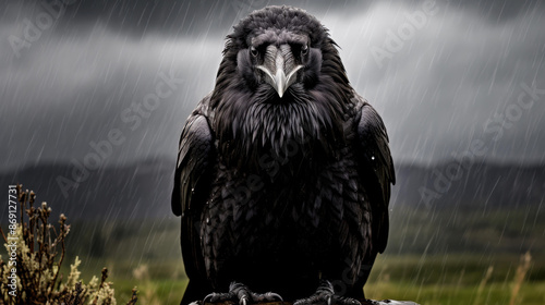 A brave crow stands defiant in a thunderstorm, showcasing resilience with rainsoaked feathers. photo