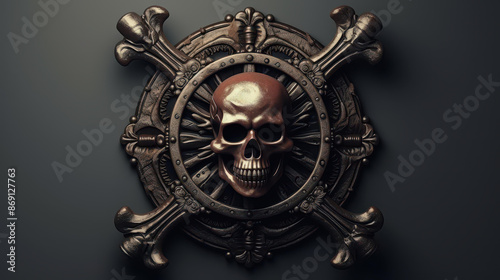 Unique bronze skull and crossbones medallion isolated on white background. Intricately detailed design.
