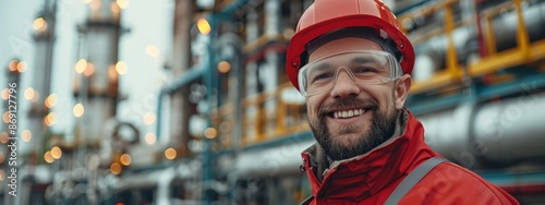  A man in hard hat and safety glasses stands before an oil refinery or petrochemical plant