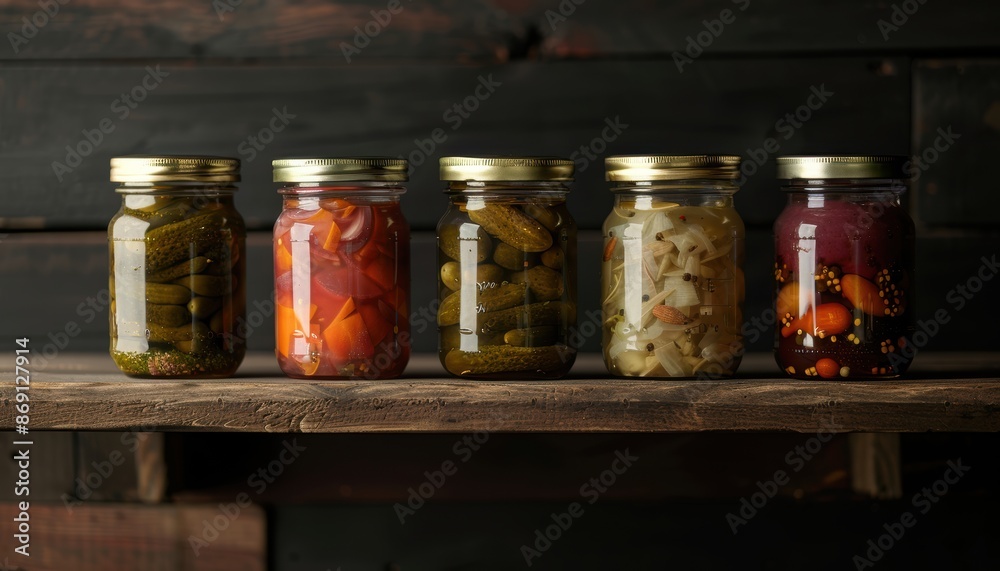 Various pickled vegetables in glass jars on a wooden shelf, dark rustic background, artisanal and homemade food concept. Various pickled vegetables in glass jars on a wooden shelf, dark rustic background, artisanal and homemade food concept.