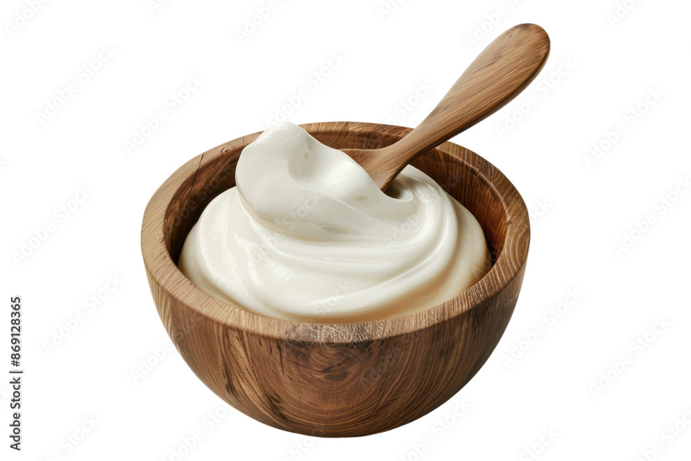 Greek yogurt in wooden bowl isolated on transparent background Greek yogurt in wooden bowl isolated on transparent background