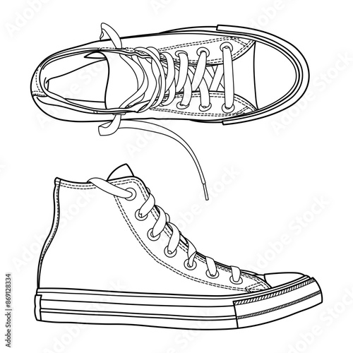 Classic high top sneakers, gym shoes. Classic vintage style, side and top view. Hand drawn detailed outline vector illustration.