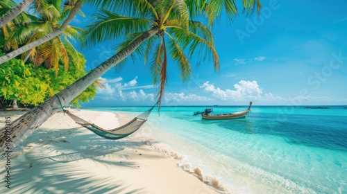 A tropical island paradise with crystal-clear turquoise waters, white sandy beaches, and lush green palm trees, a hammock strung between two trees, and a small wooden boat anchored just offshore, all