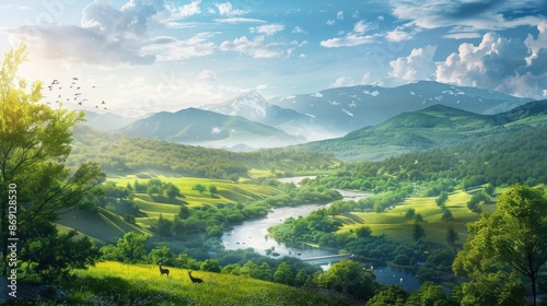 A vast national park with rolling hills, dense forests, and a winding river, wildlife such as deer and birds, and a clear blue sky overhead, perfect for exploring and reconnecting with nature, with