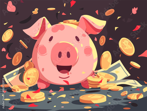 Financial Abundance: Piggy Bank Bonanza - Piggy Bank Overflowing with Coins and Bills, Symbolizing Wealth Accumulation through Saving and Investing