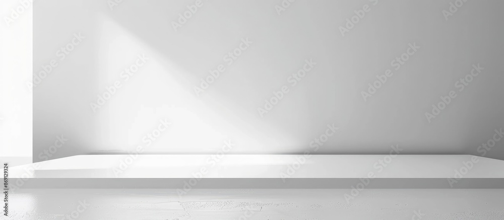 White desk with white background and blank table surface for display simulation.