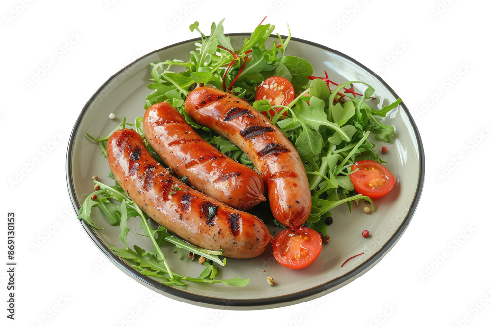 Grilled sausage with green salad on plate isolated on transparent background Grilled sausage with green salad on plate isolated on transparent background