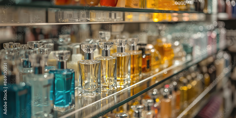 Luxury Perfume Bottles Display. Fragrance Store Shelf, Elegant Decorative Scents, Beauty Boutique, Retail Presentation, High End Personal Care Products. Luxury Perfume Bottles Display. Fragrance Store Shelf, Elegant Decorative Scents, Beauty Boutique, Retail Presentation, High End Personal Care Products.