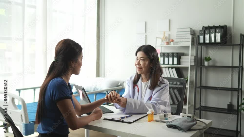 Doctor carefully monitors a patient's blood pressure using a sphygmomanometer in a medical office. They engage in a focused conversation during the evaluation Doctor carefully monitors a patient's blood pressure using a sphygmomanometer in a medical office. They engage in a focused conversation during the evaluation