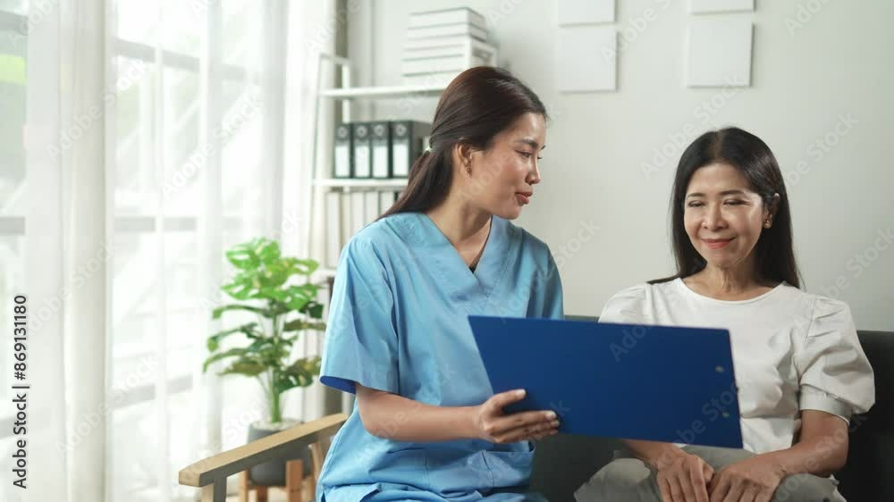 Healthcare professional explains medical report to smiling patient in bright, comforting consultation room, fostering positive atmosphere Healthcare professional explains medical report to smiling patient in bright, comforting consultation room, fostering positive atmosphere