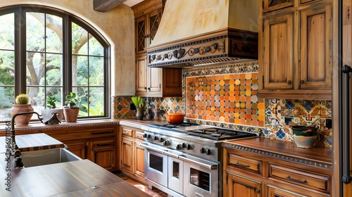 Mediterranean Kitchen: Warm and vibrant with a touch of old-world charm. Terra cotta tiles, wrought iron fixtures, rich wooden cabinets, and colorful backsplashes or mosaics. photo