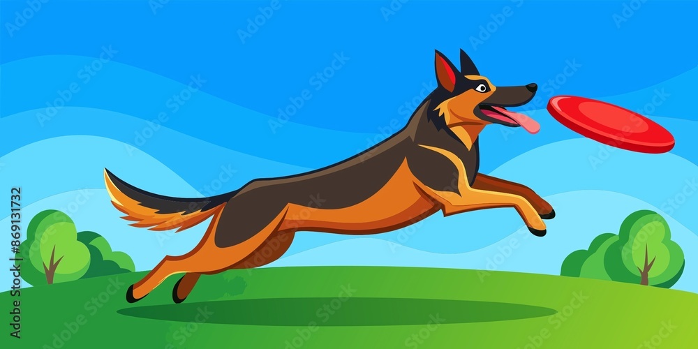 Obraz premium Joyful Action: Shepherd Dog Jumping and Playing with a Disc in a Green Summer Field