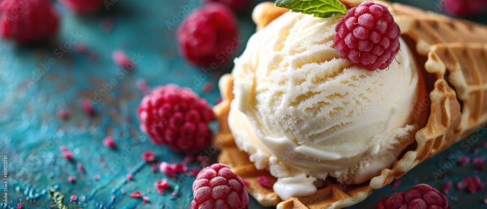 Tempting Waffle Cone Filled with Creamy Vanilla Ice Cream - High Definition Image Tempting Waffle Cone Filled with Creamy Vanilla Ice Cream - High Definition Image
