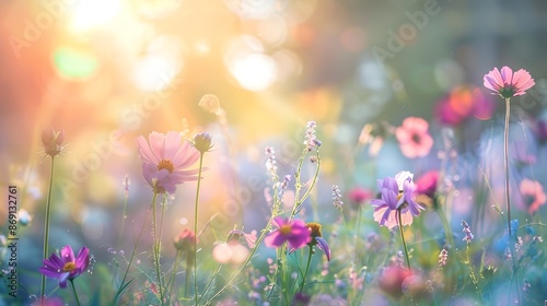 flower field, wildflowers in the foreground, soft light, sun glare