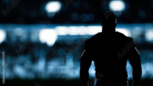 The silhouette of an American football player with the outline of a stadium in the background, reflecting the scale and popularity of the sport. Large stadium setting, artificial bright lighting, photo