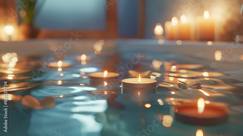 A tranquil setting with floating candles in a pool, surrounded by warm candlelight, creating a serene and relaxing atmosphere. photo