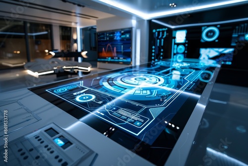 Wallpaper Mural A futuristic room featuring a large display of advanced electronic devices, Advanced technology integrated seamlessly into the design Torontodigital.ca