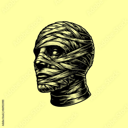 graphic t-shirt design hand drawn art style  head of mummy potrait scary vector illustration